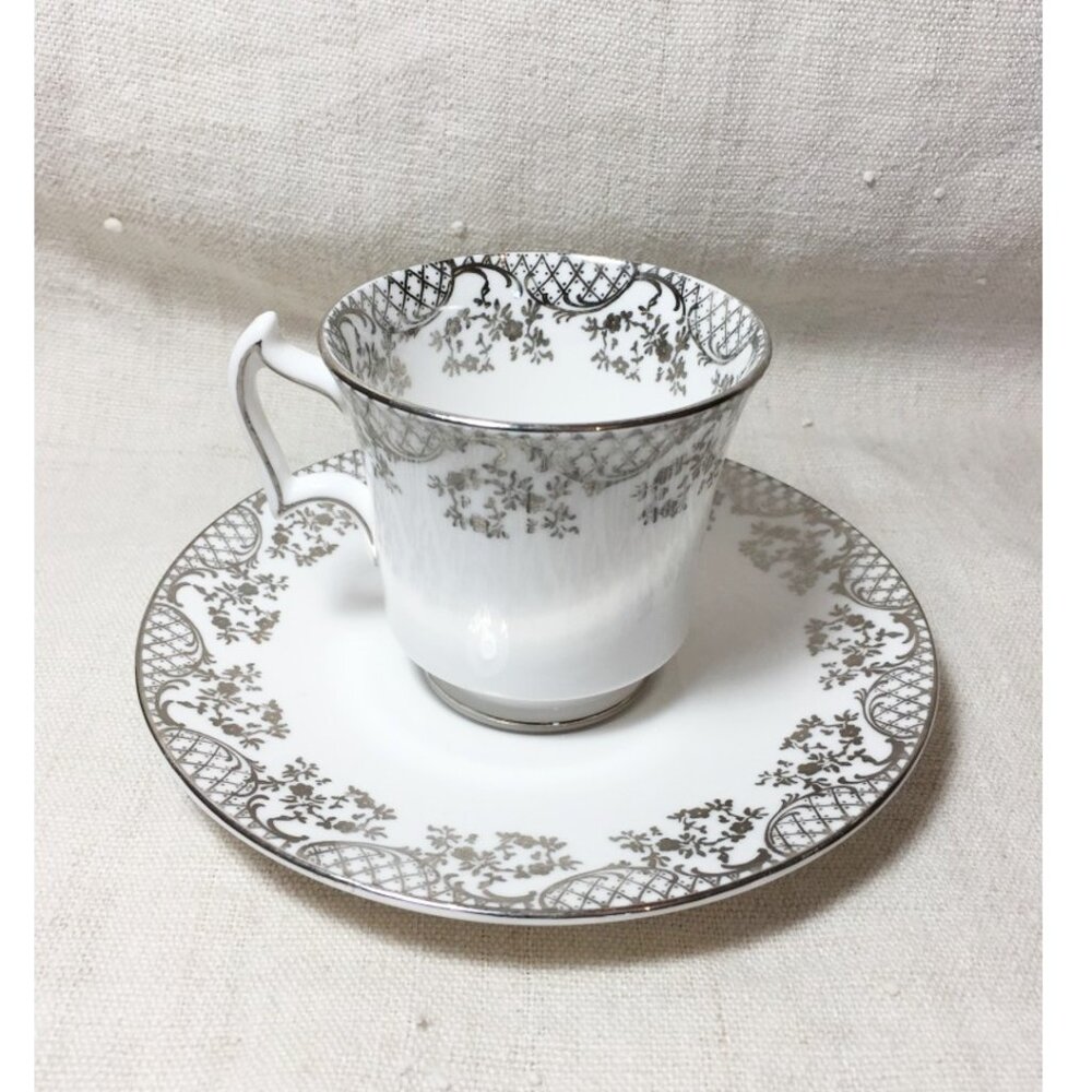 Tea cup and Saucer Royal Chelsea Fine Bone China England Silver and white